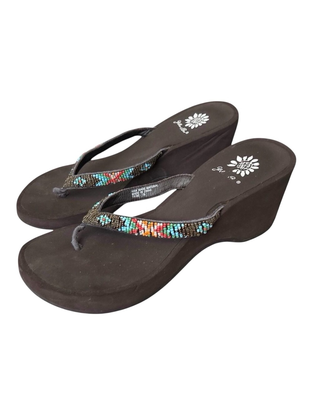 Yellow Box Wedge Flip Flop Tribe Sandals Womens 7.5 Brown Beaded Boho Thong